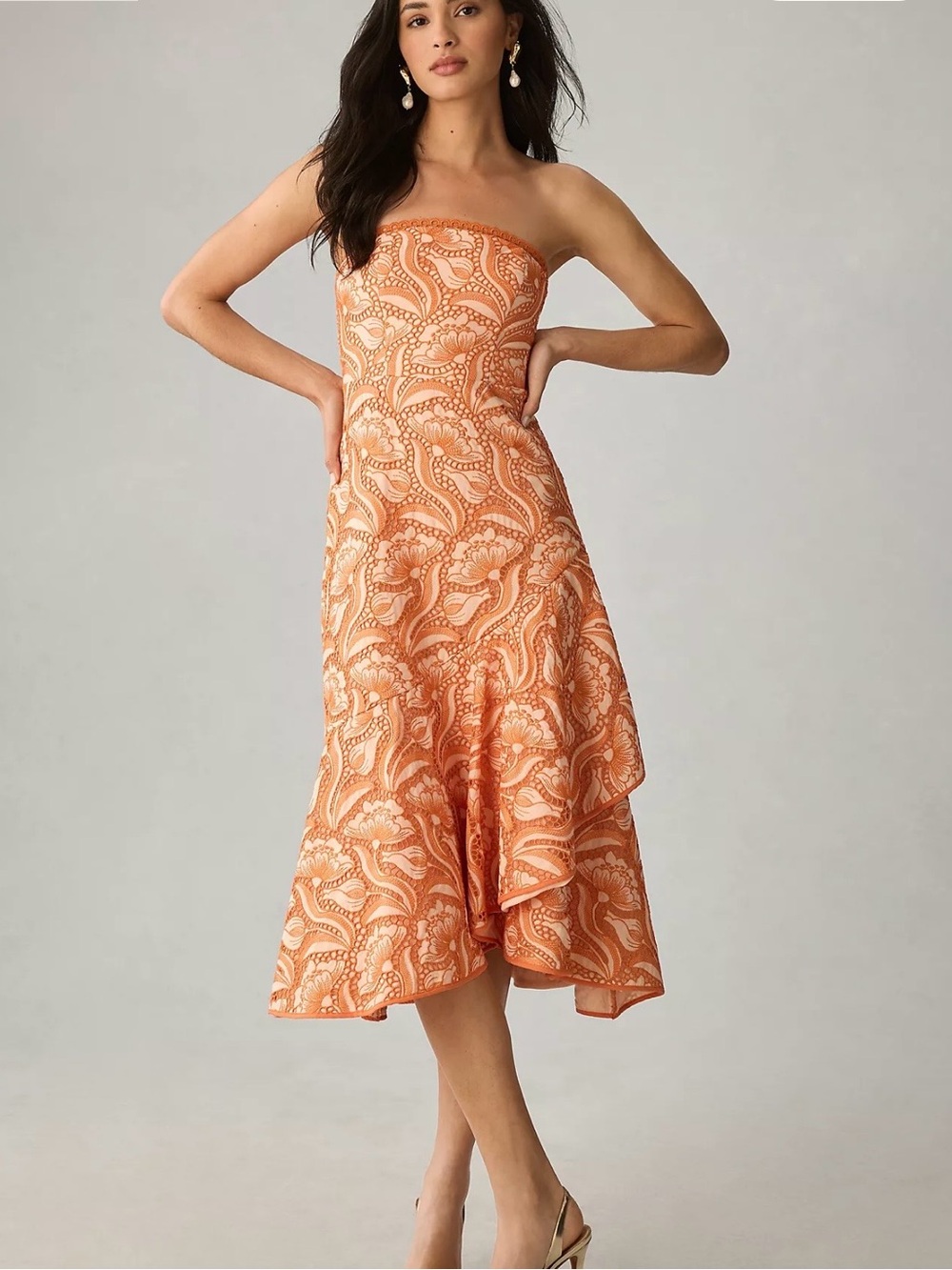 Anthropologie Strapless Orange Paisley Midi Dress - Size: 2P